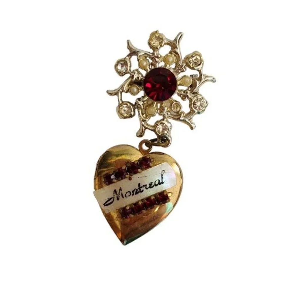 Vintage Montreal‎ Canada Jewelry Brooch Heart Locket Pin Brooch Red Clear Dangle
